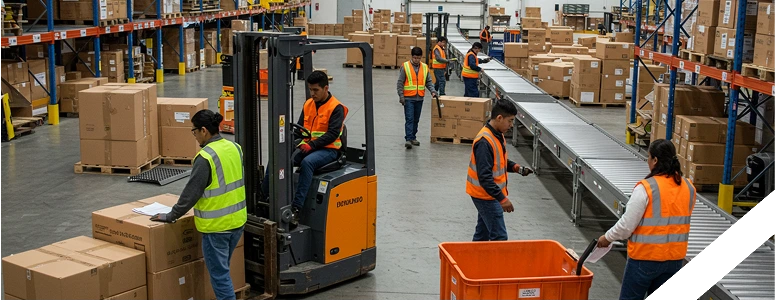 Interior de un almacén de logística con operarios trabajando.